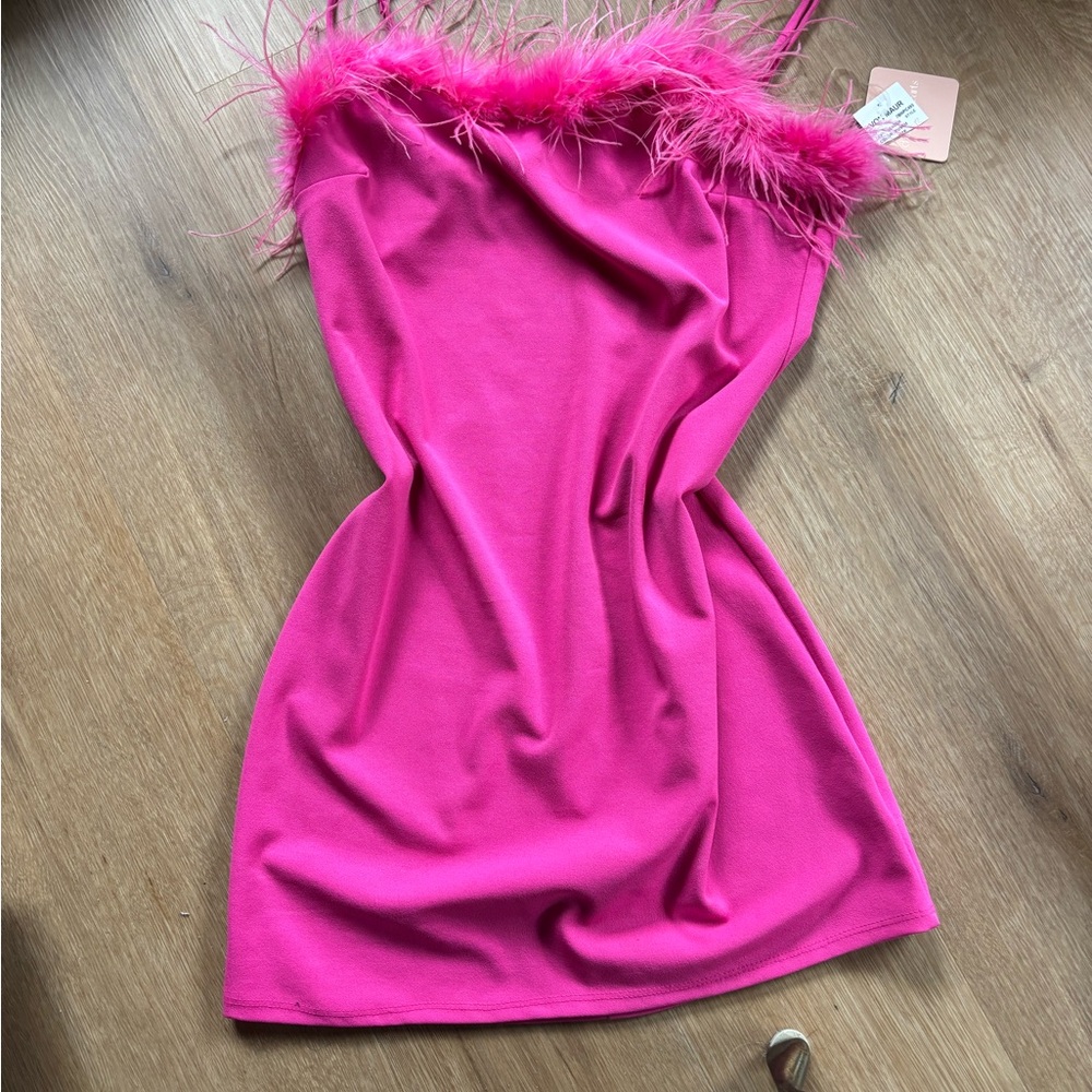 Pink Strapless Dress with Feather Trim
